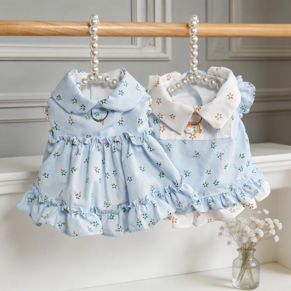 棒棒糖小型犬碎花连衣裙夏季宠物公主裙蓝色荷叶边裙子雏菊双款