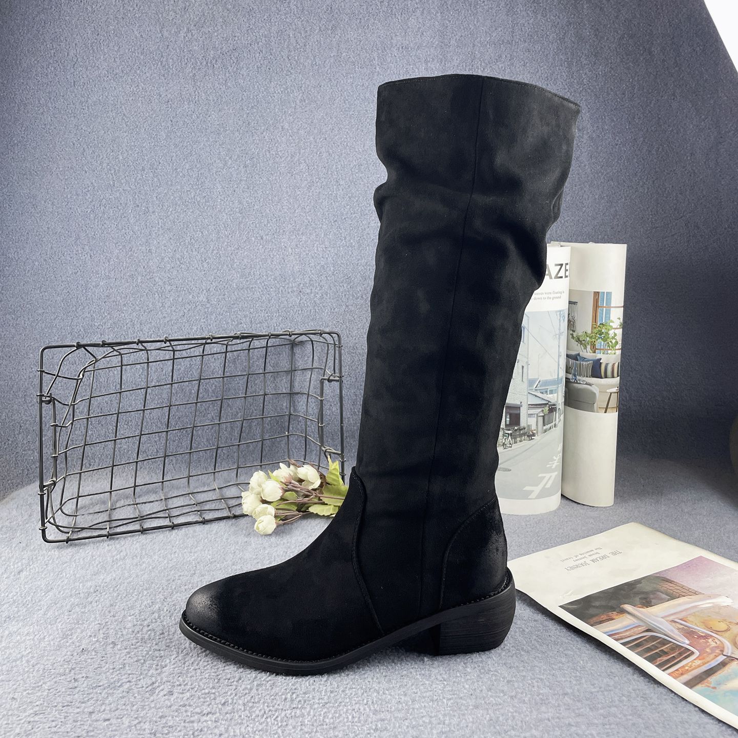 尖头粗跟加绒套筒褶皱堆堆长靴女