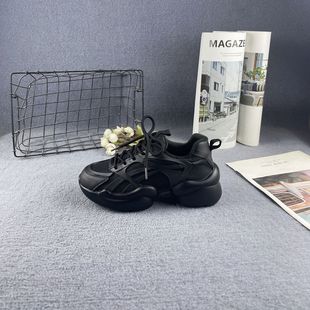 女鞋 真皮拼接增高显脚小粗跟厚底黑色加绒老爹鞋 秋冬新款 专柜断码