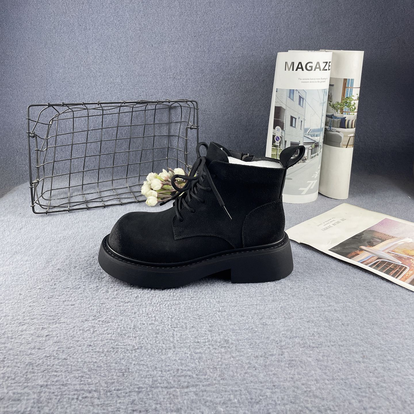 牛皮粗跟厚底侧拉链时尚马丁靴女