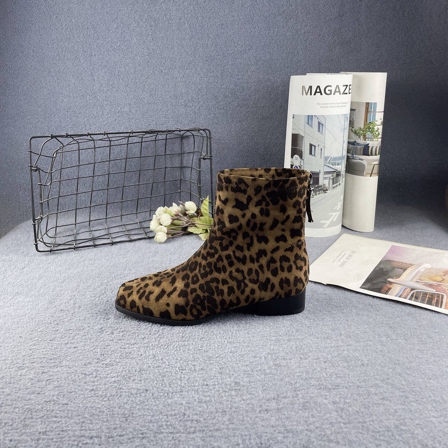 专柜断码秋冬新款绒面方头时尚豹纹后拉链单里粗低跟百搭瘦瘦靴女,女鞋,弹力靴/袜靴,淘宝优惠券,粉丝福利购,淘宝优惠卷
