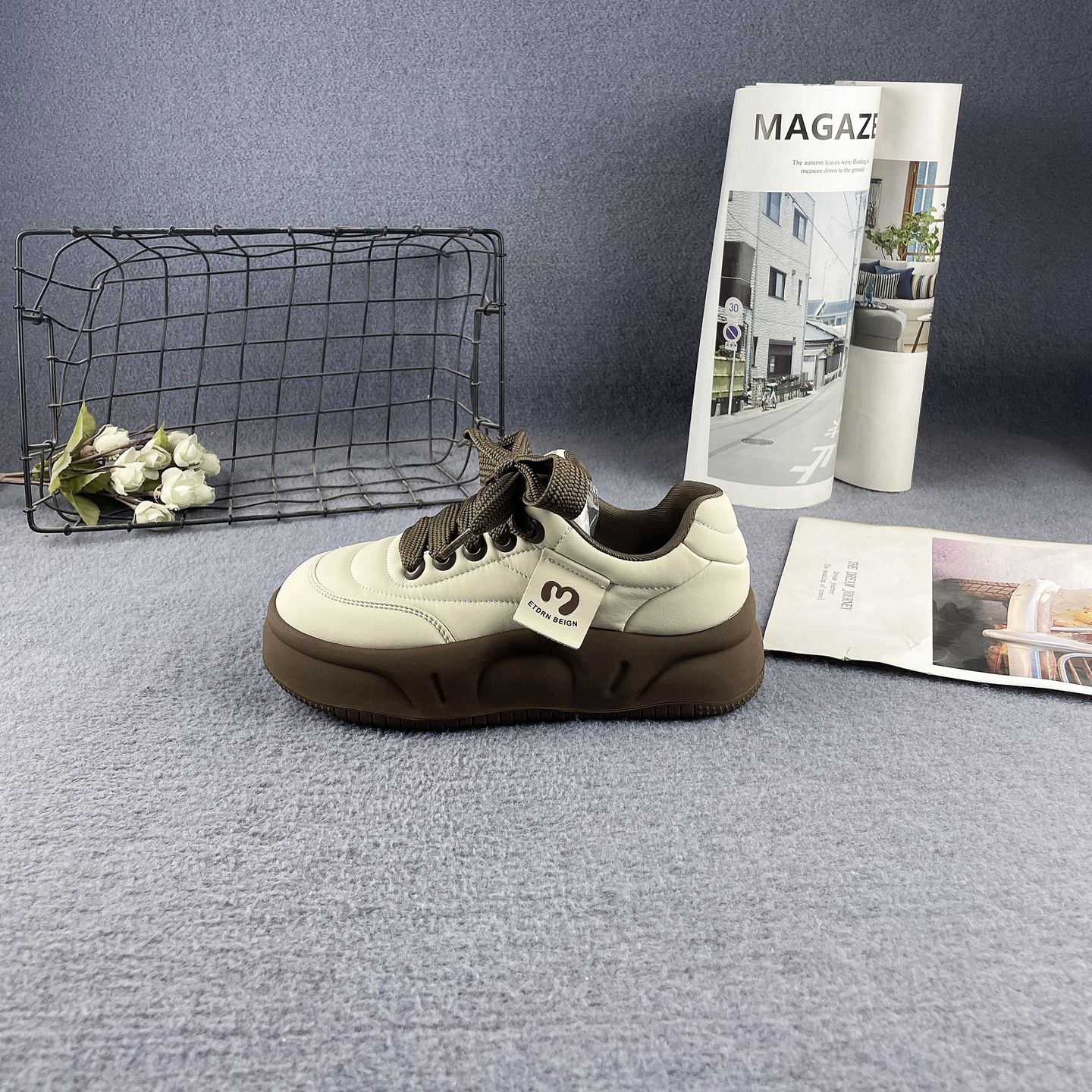 真皮增高厚底圆头系带休闲面包鞋