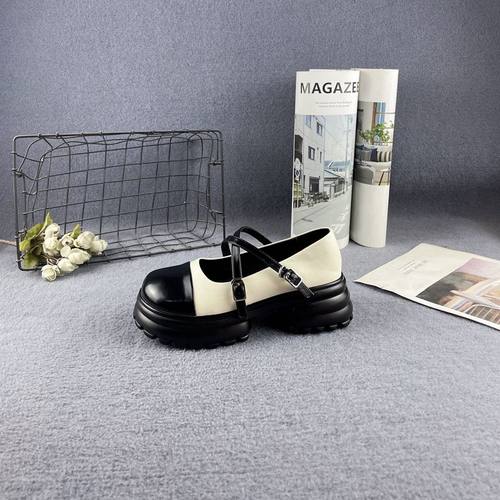 拼色圆头粗跟厚底交叉带玛丽珍鞋