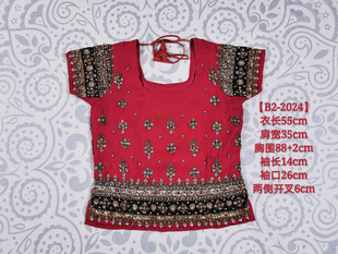 印度精选贵牌奢牌全手工刺绣镶水钻礼服度假旅行女装红色上衣古着