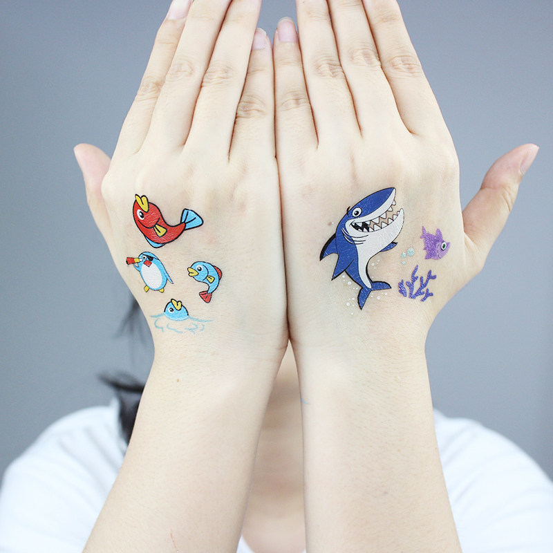 卡通纹身贴儿童防水女孩动漫彩色可爱鱼鲨鱼小图案安全无毒水贴纸