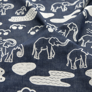 日本进口播州织纯棉双层纱色织图案面料手工DIY服装布料云行小象