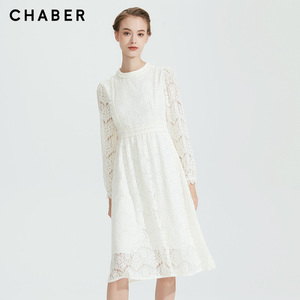 chaber/巧帛秋新款简约优雅圆领长袖中长款连衣裙824736