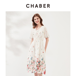 chaber巧帛夏季新款优雅减龄镂空绣花气质A字裙纯棉V领收腰连衣裙