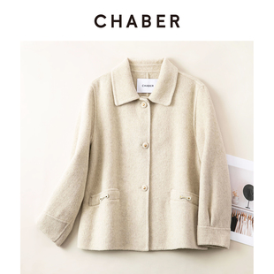 CHABER巧帛冬季新款双面呢大衣短款翻领时尚羊毛韩版宽松外套女