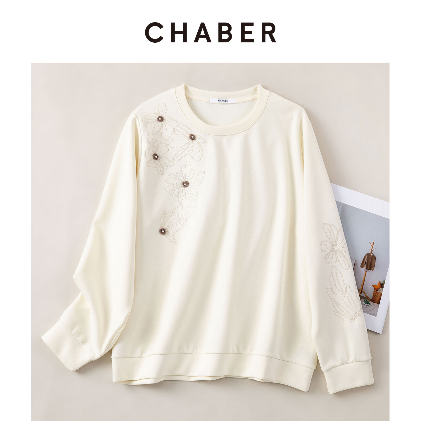 CHABER巧帛优雅钉珠绣花卫衣