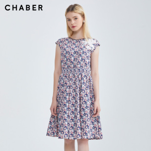 chaber/巧帛秋季新品重工贴花高腰松紧显瘦通勤淑女中长款连衣裙