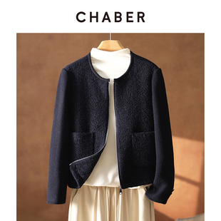 CHABER巧帛冬季新款拼接圈圈毛呢拉链外套夹克圆领韩版呢大衣女