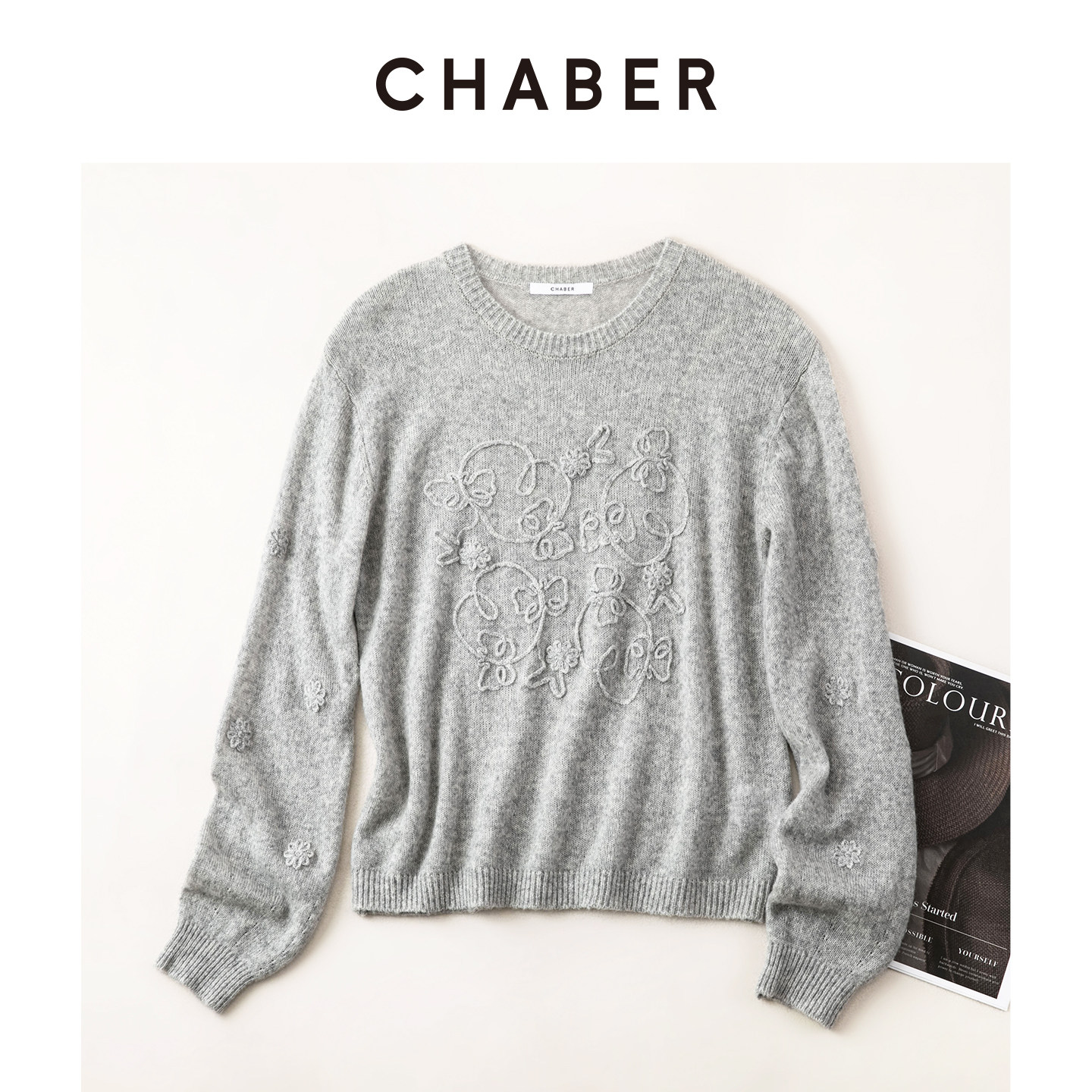 【含羊绒】CHABER巧帛秋冬新品圆领立体绣花套头毛衣女羊毛针织衫