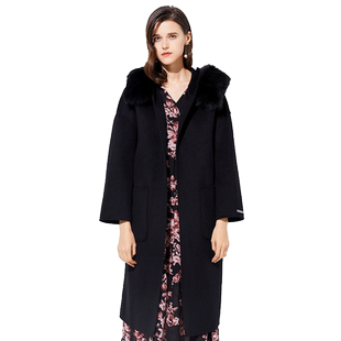 chaber巧帛秋冬新品中长款羊毛大衣狐狸毛领连帽加厚外套