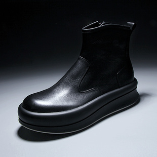 欧洲站冬季 男靴真皮厚底增高马丁靴潮流拉链短靴切尔西靴高帮皮鞋