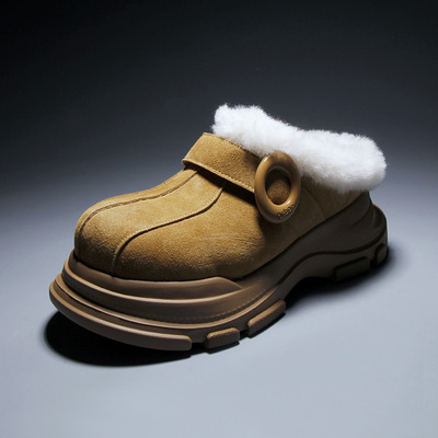 冬季加绒厚底勃肯雪地靴男鞋丑萌面包保暖增高包头一脚蹬大头拖鞋