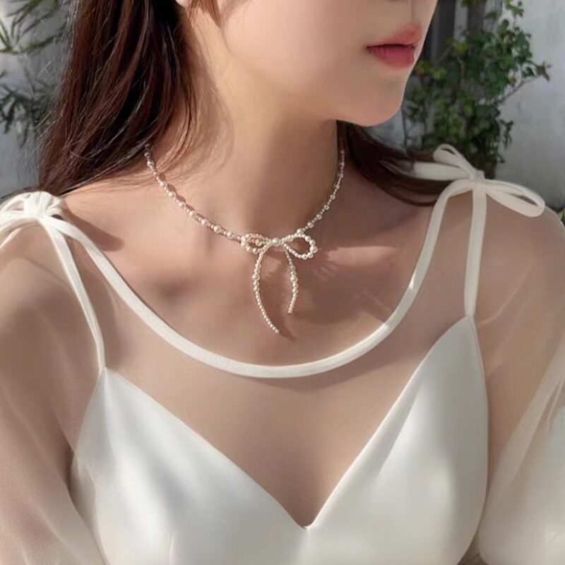韩国东大门代购首饰品女进口珍珠水晶蝴蝶结小众个性短款锁骨项链