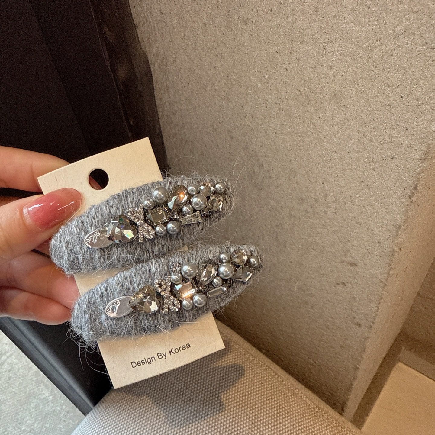 灰色毛线重工水钻蝴蝶结鸭嘴夹时尚气质复古发夹侧边夹发卡刘海夹