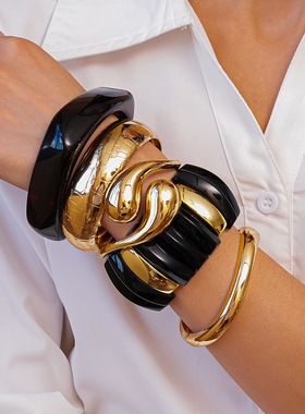 欧美跨境不规则黑色树脂几何手镯时尚夸张手环轻奢感手饰