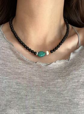 s928纯银绿松石黑玛瑙短锁骨项链