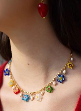 天然淡水珍珠彩色琉璃花项链