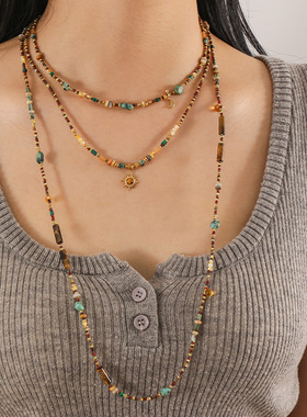 新中式捷克珠串珠太阳花吊坠项链复古民族风彩色天然石长款毛衣链