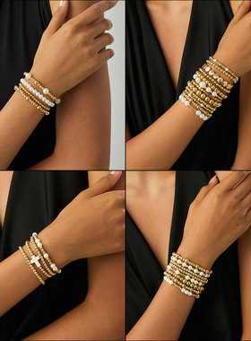 希音temu热销时尚仿珍珠CCB串珠手串套装欧美风简约女士手链