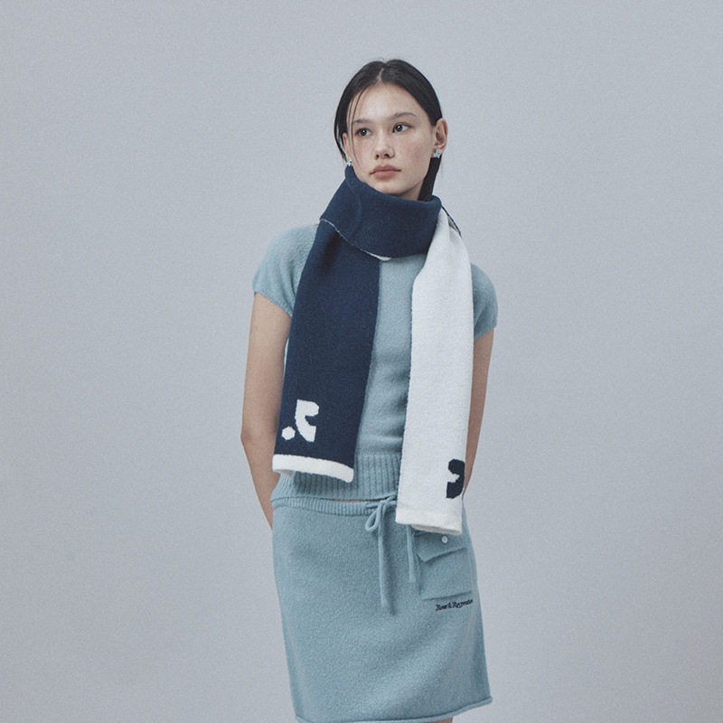 韩国东大门女小众毛线冬拼色LOGO双面拼色中长款围巾情侣加厚围脖