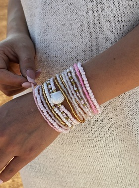 粉色米珠水晶玻璃手链多件套装