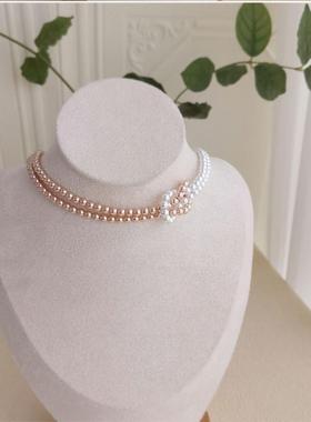 双层珍珠打结短款锁骨项链