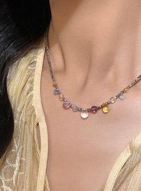 不规则彩色水晶流苏碎银项链女轻奢高级感个性精致时尚颈链锁骨链