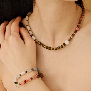 复古拼接中式彩色串珠子天然石沉香露珠玛瑙锁骨链短款项链颈饰品