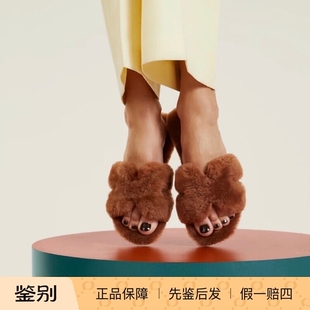 支持鉴定！Hermes爱马仕毛拖Oran凉鞋H女士拖鞋棕色毛毛38