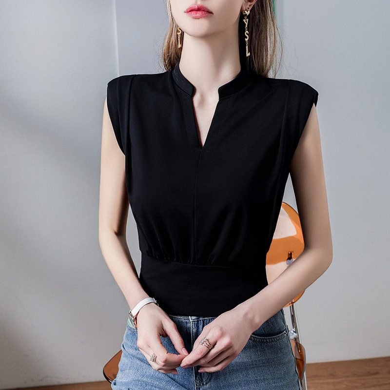 短款无袖T恤女V领直角肩修身上衣2024夏季新款纯色甜辣风洋气小衫