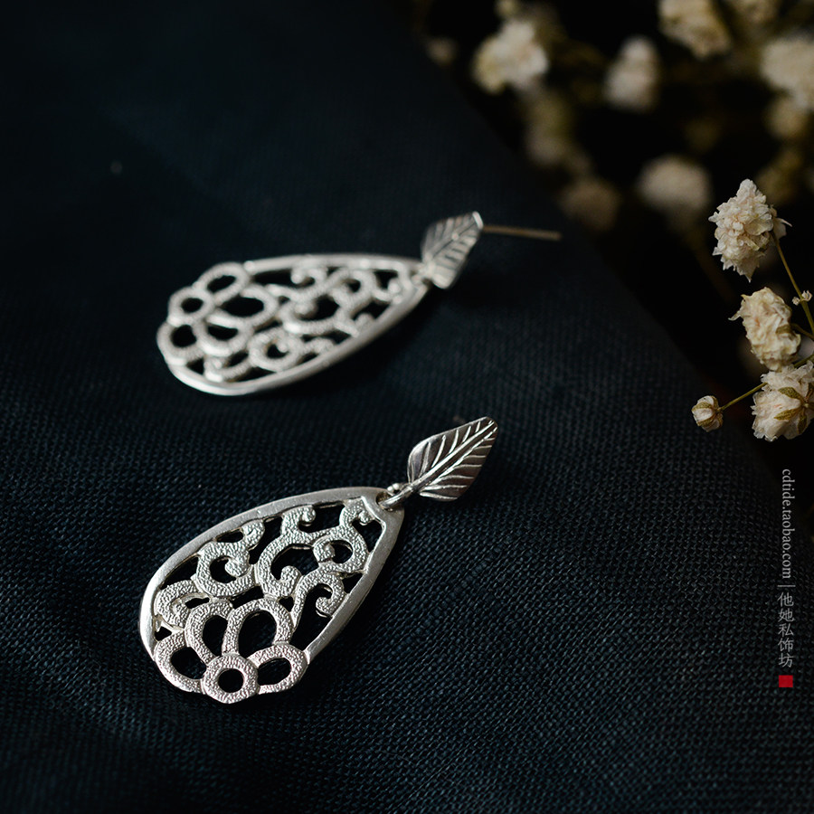 涅槃【s990足银】凤凰翎羽 纯手工镂空錾刻 中式饰品 纯银耳环耳