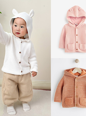 英国NEXT春秋款女宝宝纯棉针织帽衫女童粗毛线纯色卫衣针织外套