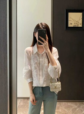 女士春夏植物系苎麻刺绣镂空钩花衬衫 洋气又温柔38128