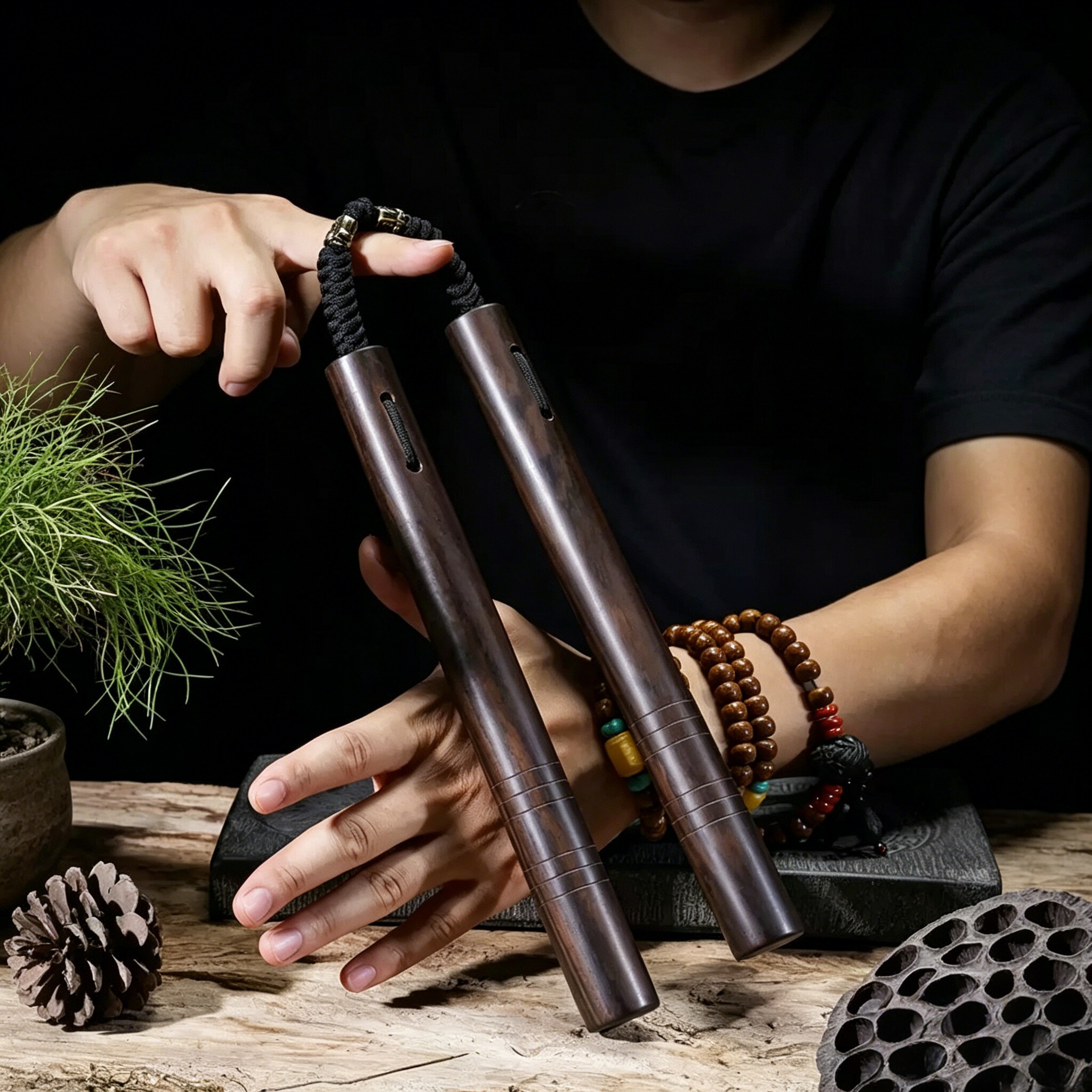 SUMMITDRAGON实木黑檀双节棍 传统绳索款二节棍 实战文玩把玩好物
