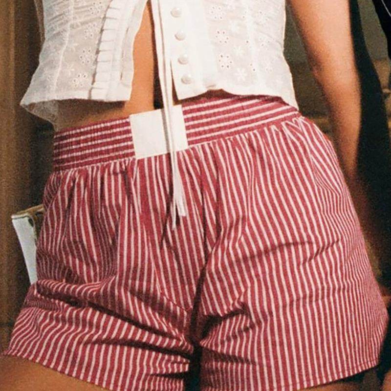 时尚细条纹弹力腰短裤 Fashion pinstripe shorts 女性休闲睡裤