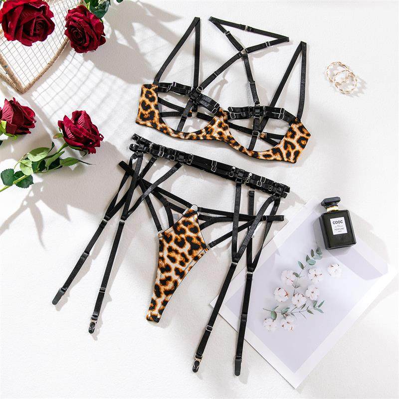 Womens New Leopard Pattern Strap Three Piece Underwear Set
