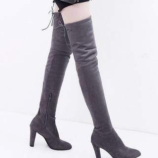 Long boots women shoes外贸欧美尖头粗跟侧拉链过膝靴弹力长靴女