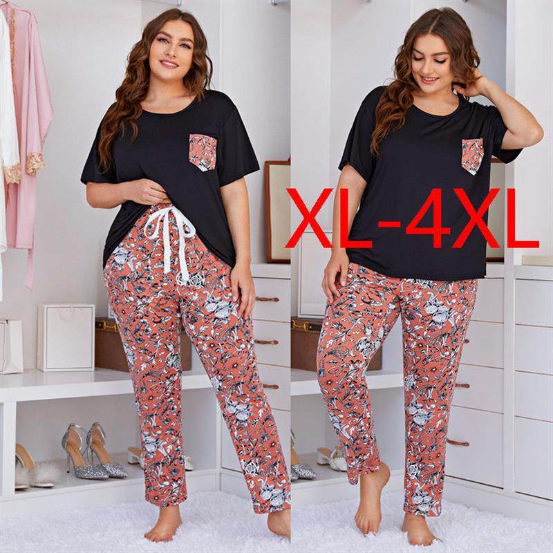 summer fat women plus size pajamas tops pants two-piece suit