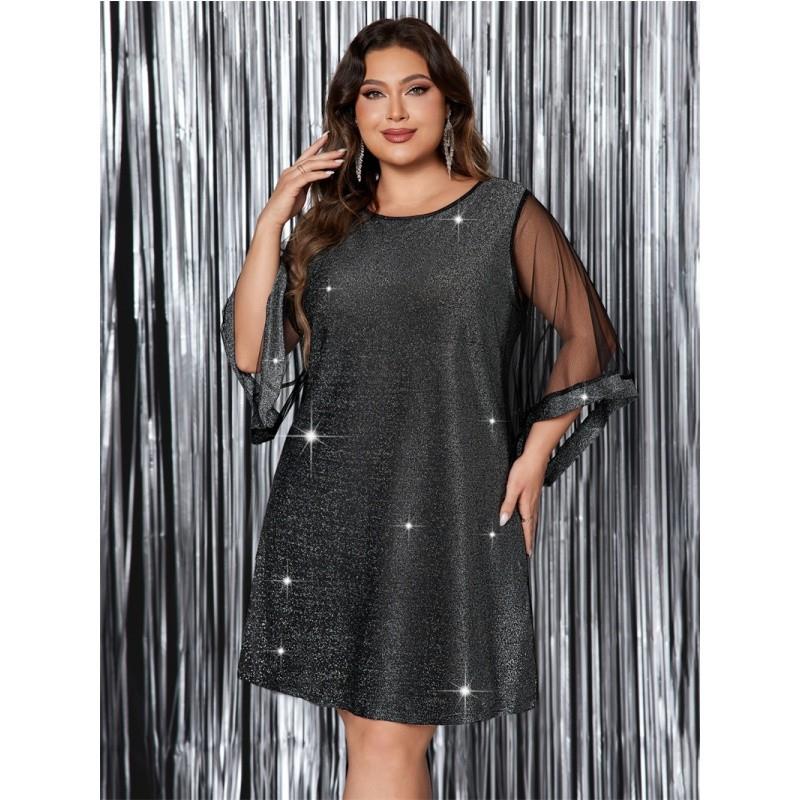 XL-4XL women dress plus ladies skirt大码亮片圆领宽松腰连衣裙