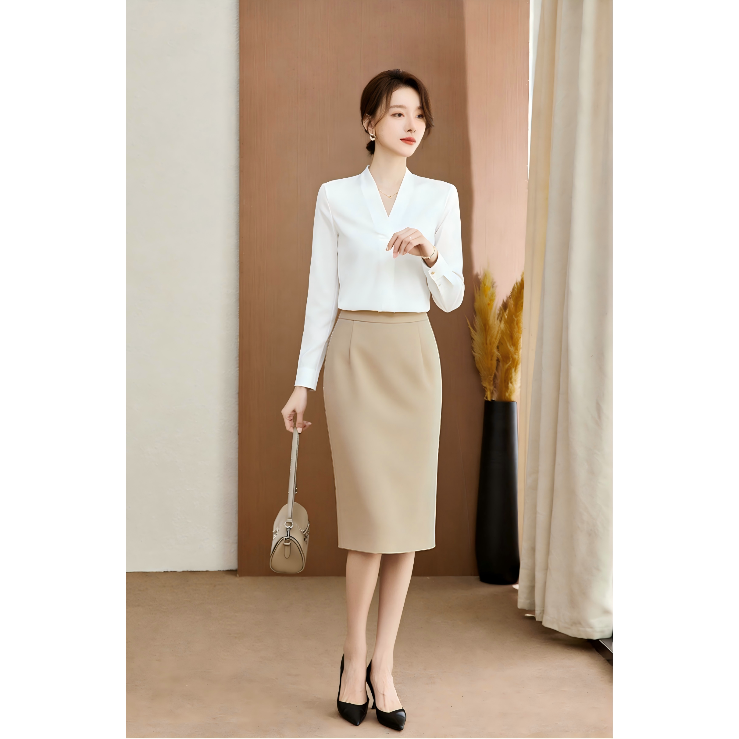 白色长袖雪纺V领女衬衫职业包臀一步铅笔正工装半身短西裙制服