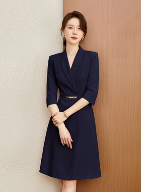 白色藏青色职业装收腰连衣裙女OL名媛气质神商务显瘦前台客服接待