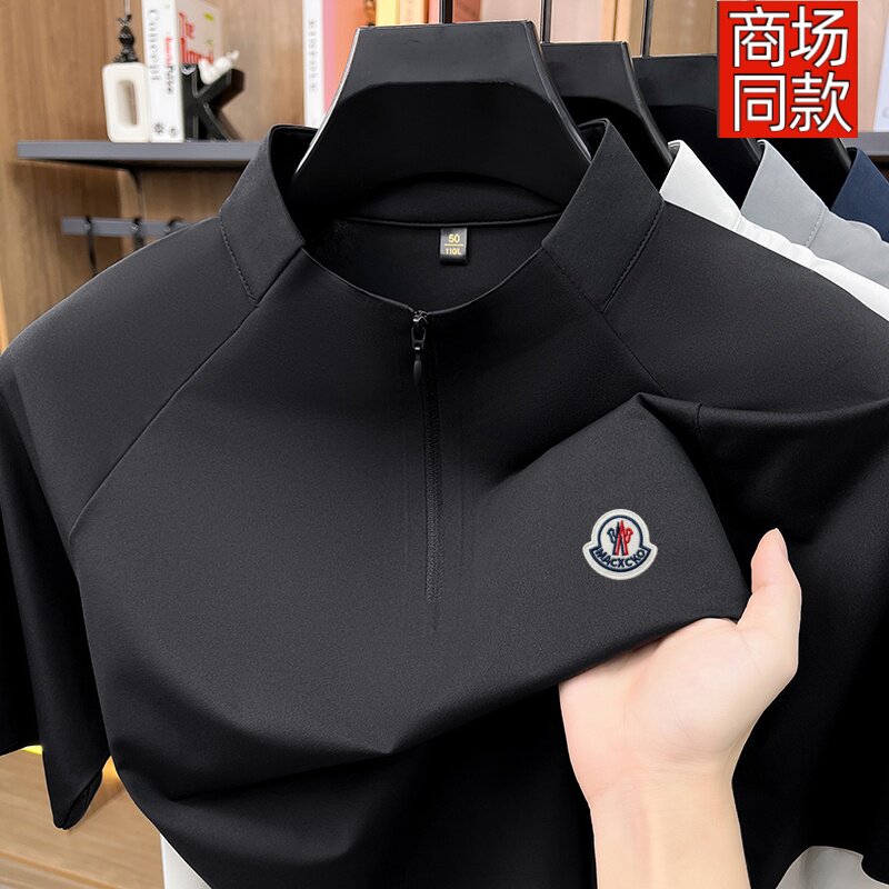蒙口男士短袖T恤2026新款半拉链速干吸汗户外运动立领黑色半袖