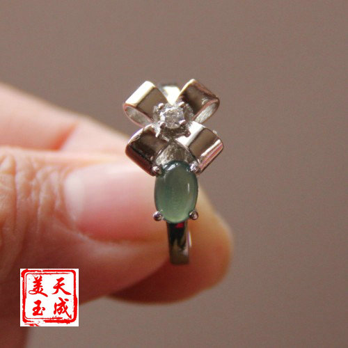 【天成美玉】天然翡翠a货饰品小蓝水蝴蝶结925镀白金活圈戒指