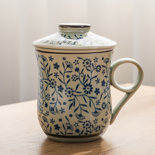 日式 陶瓷内胆杯子过滤茶具茶隔杯带盖茶杯套装 釉下彩办公杯 包邮