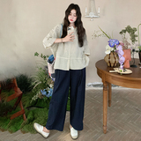 法式复古氛围感条纹上衣套装女2025夏季新款高腰休闲阔腿裤两件套，女装衬衫，2C237