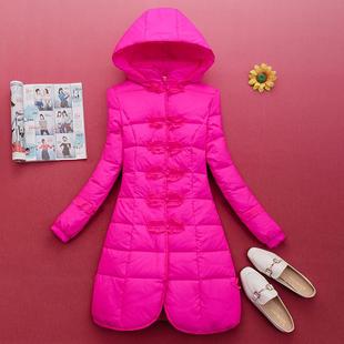 轻薄白鸭绒羽绒服冬季新款修身显瘦大码中长款中式国风玫红色外套